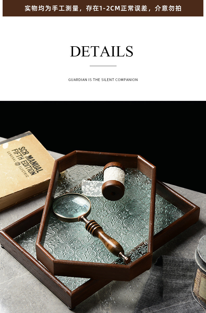 Begonia Embossed Glass Tray Walnut Color Rectangular Tea Tray Storage Ornaments Tea Water Cup Fruit Snack Plate
