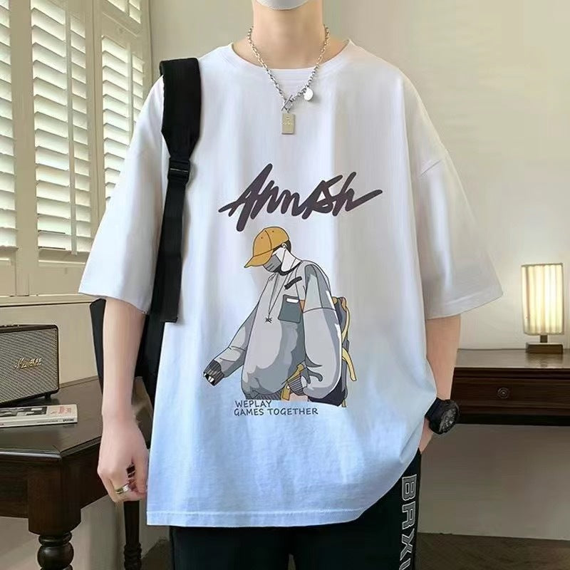 2025Summer New Men's Youth Casual Stylish Trendy Loose Short Sleeve T Shirt Gradient Color for Middle and High School Students