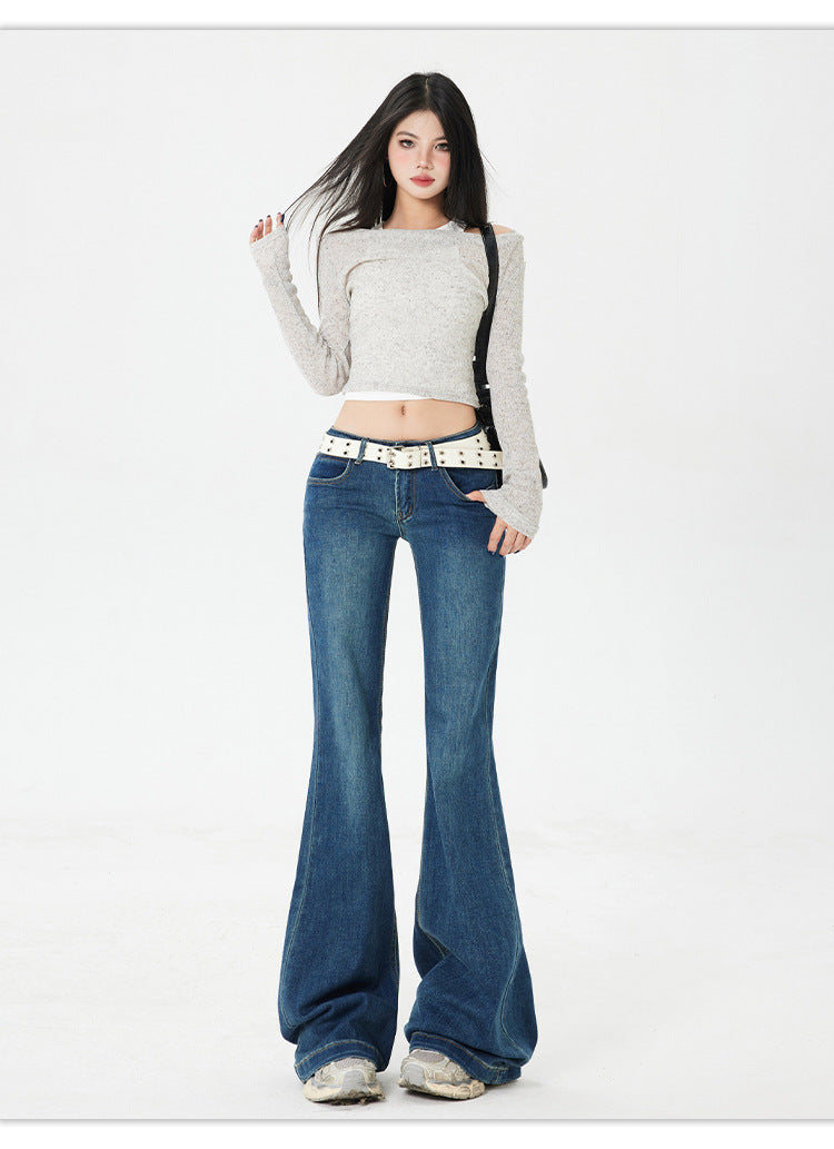 American Style Spicy Girl Retro Flared Jeans for Women Spring and Autumn2025New dark blue low-waist wide-leg floor-length pants