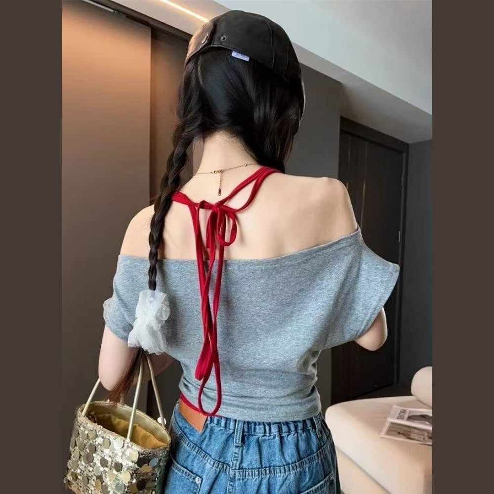 Fashionable Design Letter Print Off-Shoulder Halter Neck Short Sleeve T Women's T-shirt2025Summer New Slimming Short Top