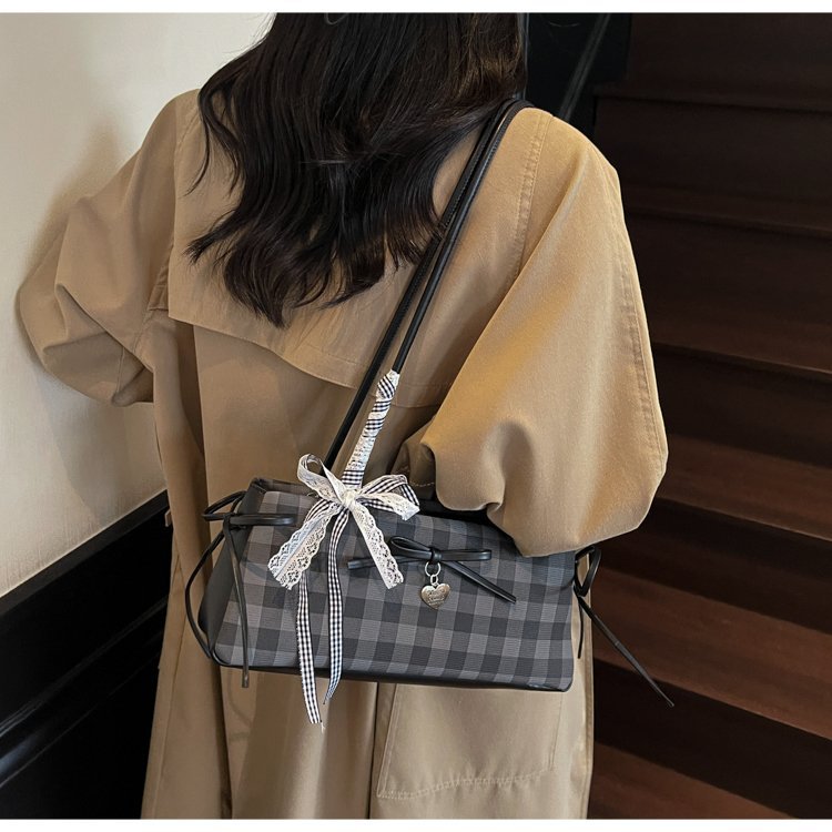 Dopamine Plaid Handbag Small Tote Bag for Women Summer2025New Ballet Style Bow Baguette Bag Underarm Bag Trendy