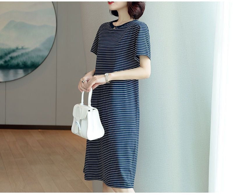 Summer Waist-Cinching Dress Plus Size Middle-Aged and Elderly Mom Outfit Mid-Length Striped Short Sleeve T Women's T-shirt Skirt Cross-Border Wholesale