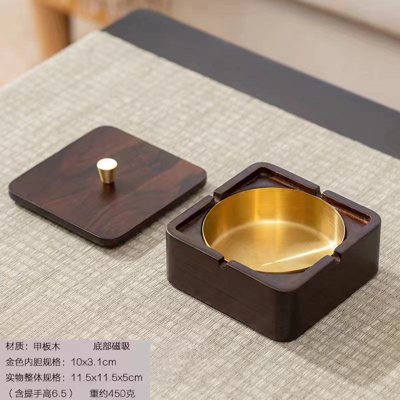 Walnut Ashtray for Home Living Room with Lid, Anti-Fly Ash, Stainless Steel Inner Liner, Creative Office Quality Ashtray