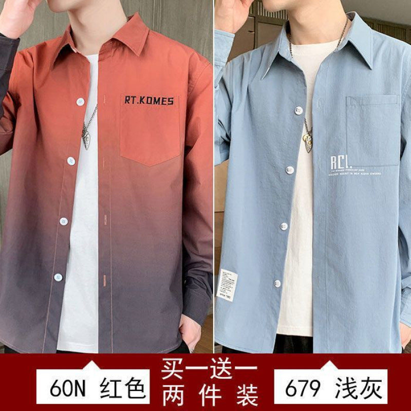 Gradient Long Sleeve Shirt for Men, Spring and Summer Loose Thin Jacket, Korean Style Trendy Casual ins Fashion Brand Sunscreen Shirt