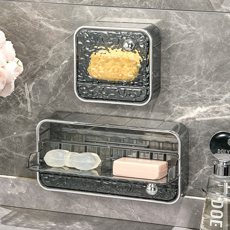 Soap Box No-Drill Wall-Mounted Bathroom Storage Box with Flip Cover Soap Holder Draining Soap Rack Double-Layer Soap Box