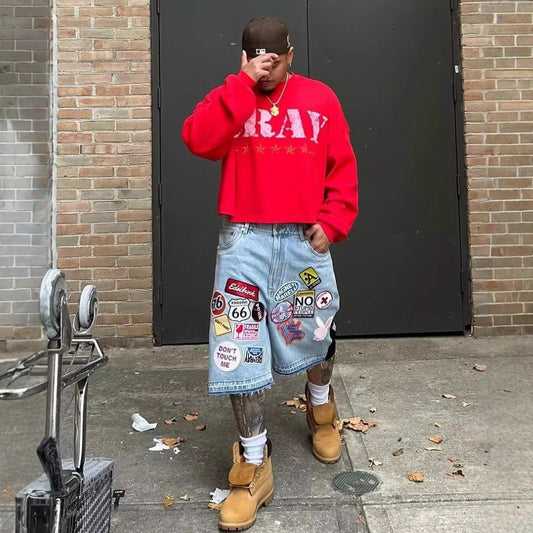 Cross-Border European and American Trendy Brand Printed Denim Shorts Men High Street Design Sense Straight Five-Point Pants Loose Versatile Mid-Length Pants Trendy