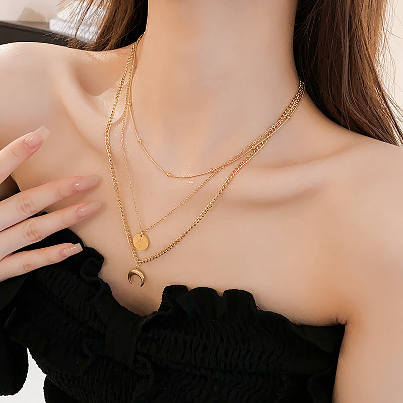 18K Real Gold Plated Moon Heart Pendant Necklace Simple Versatile Elegant Collarbone Chain Light Luxury High-End Necklace