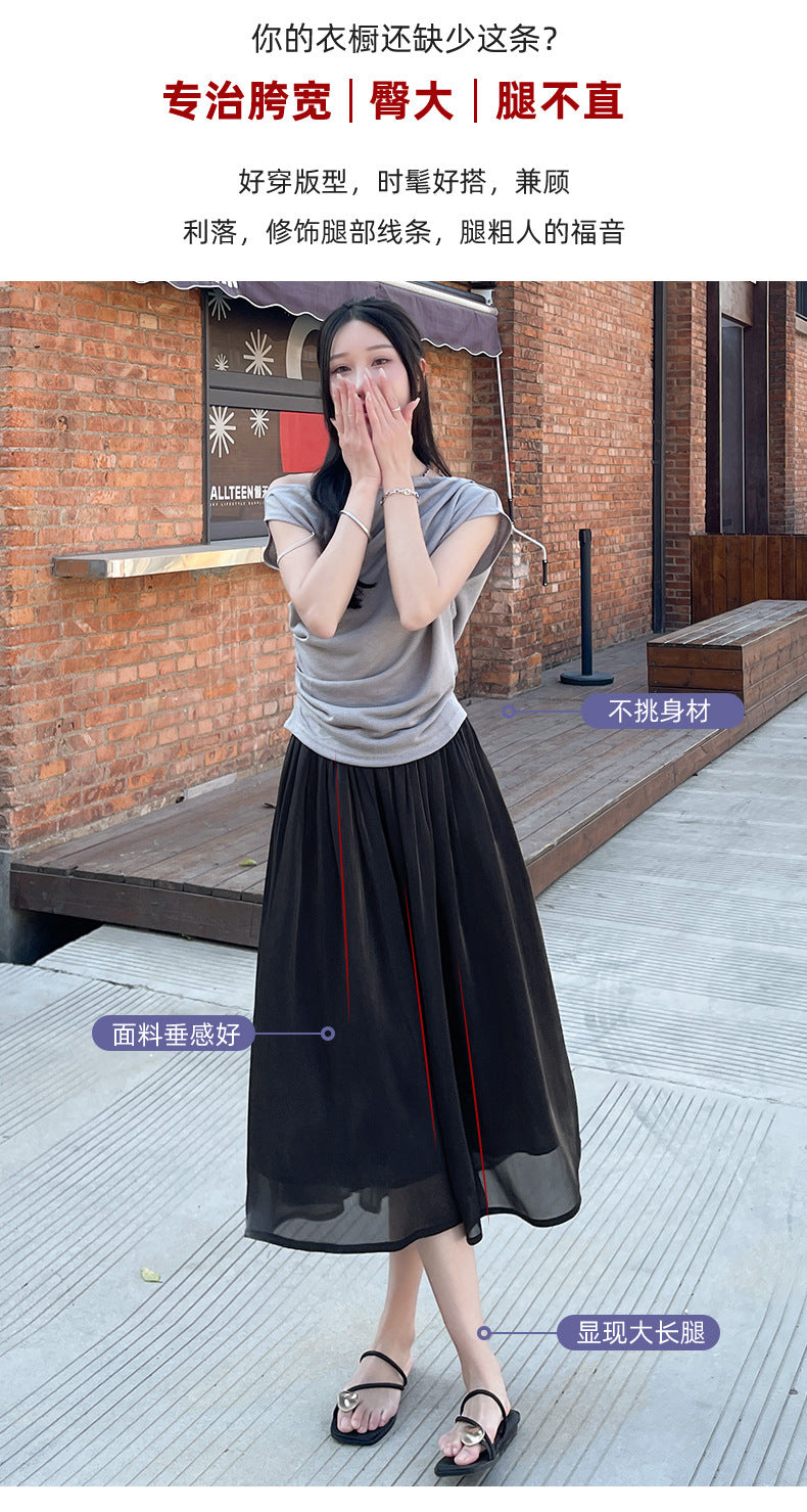 High-end Flowing Sheer Skirt for Women in Summer2025New Style Glassy Sheer Large Hem Mid-Length Draped a Women's pleated skirt