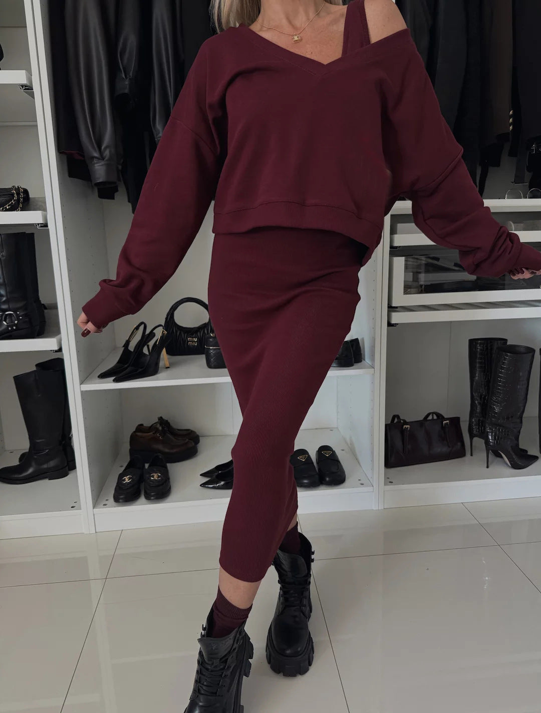 Amazon European and American Cross-Border New Spring Summer Women's Solid Color Clothing V Collar Long Sleeve Sweater Sling Slim Fit Long Dress2Set