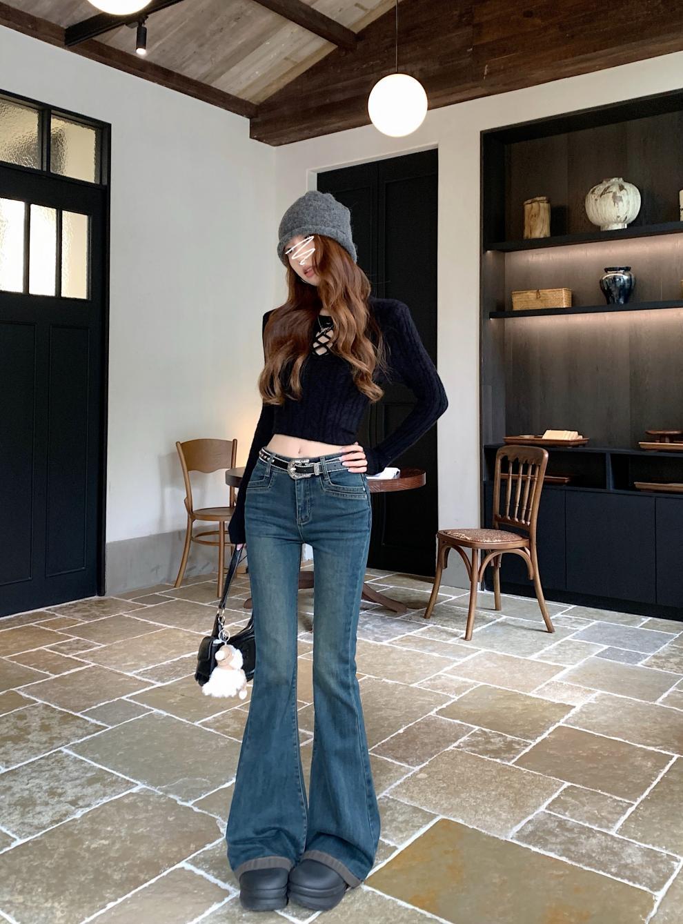 Washed Fleece-Lined Flared Jeans for Women, Autumn and Winter Vintage Slim High-Waisted Slimming Floor-Length Pants, Leg-Shaping