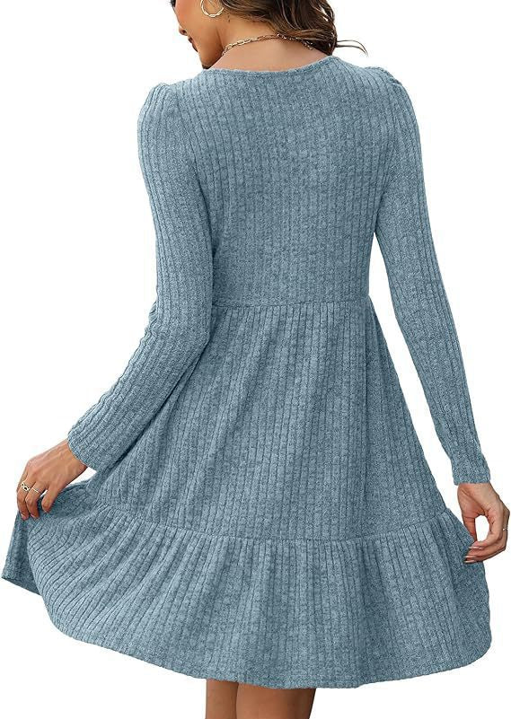 2023Autumn and Winter TEMU Amazon European and American Women's Fashion Cross-Border New Striped Round Neck Knitted Sweater Dress for Women