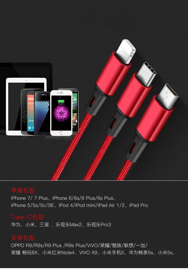 In-stock Nylon Weave100W 1-to-3 Mobile Phone Data Cable Multi-Head3A 3-in-1 Fast Charging Gift Logo Wholesale