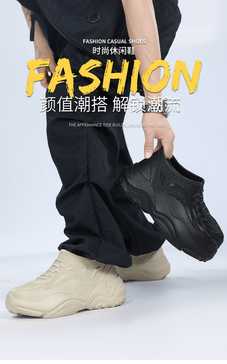 Kitchen Non-Slip Shoes for Men, Summer Breathable Thick Sole Pure Black Chef Waterproof Work Shoes, Outdoor Sports Fishing Rubber Shoes