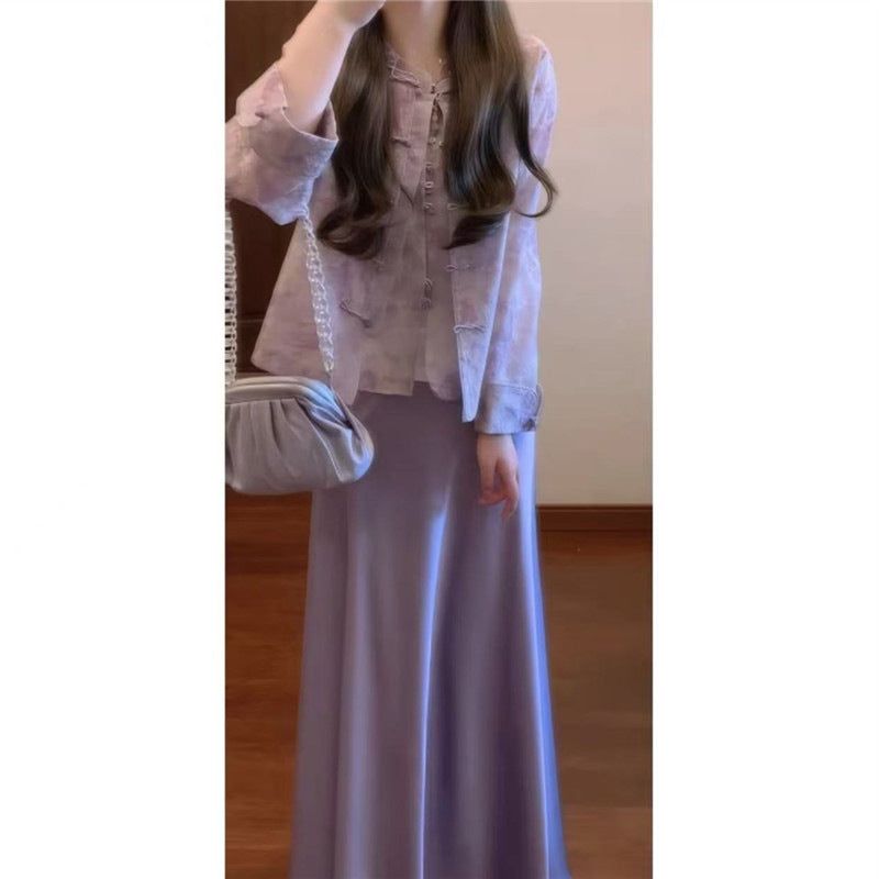 Purple Qi Dong Lai New Chinese Style National Style Purple Button Sleeveless Vest&Skirt&Round Neck Vest Set for Women in Spring