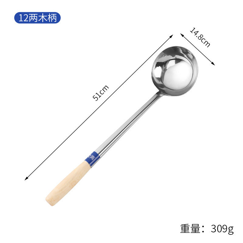 Stainless Steel Stir-Fry Spoon Chef's Stirring Spoon Long Handle Soup Spoon Serving Spoon Stir-Fry Spoon Kitchen Spatula Wooden Handle Pot Spatula Spoon