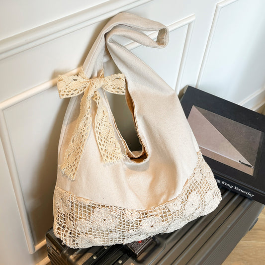 Design Summer Vacation Style Large Capacity Beach Bag Niche Lace Canvas Underarm Bag Women's Floral Single Shoulder Tote Bag