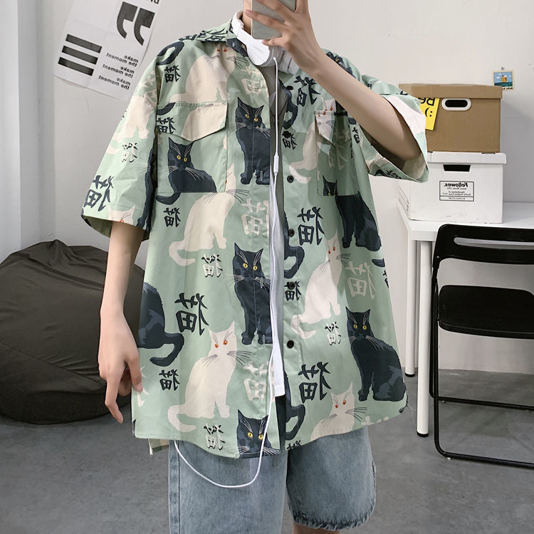 Summer Japanese Style Short Sleeve Shirt Men Half Sleeve Shirt Hong Kong Style Trendy Cat Print Student Loose Casual Shirt12