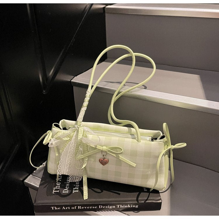 Dopamine Plaid Handbag Small Tote Bag for Women Summer2025New Ballet Style Bow Baguette Bag Underarm Bag Trendy