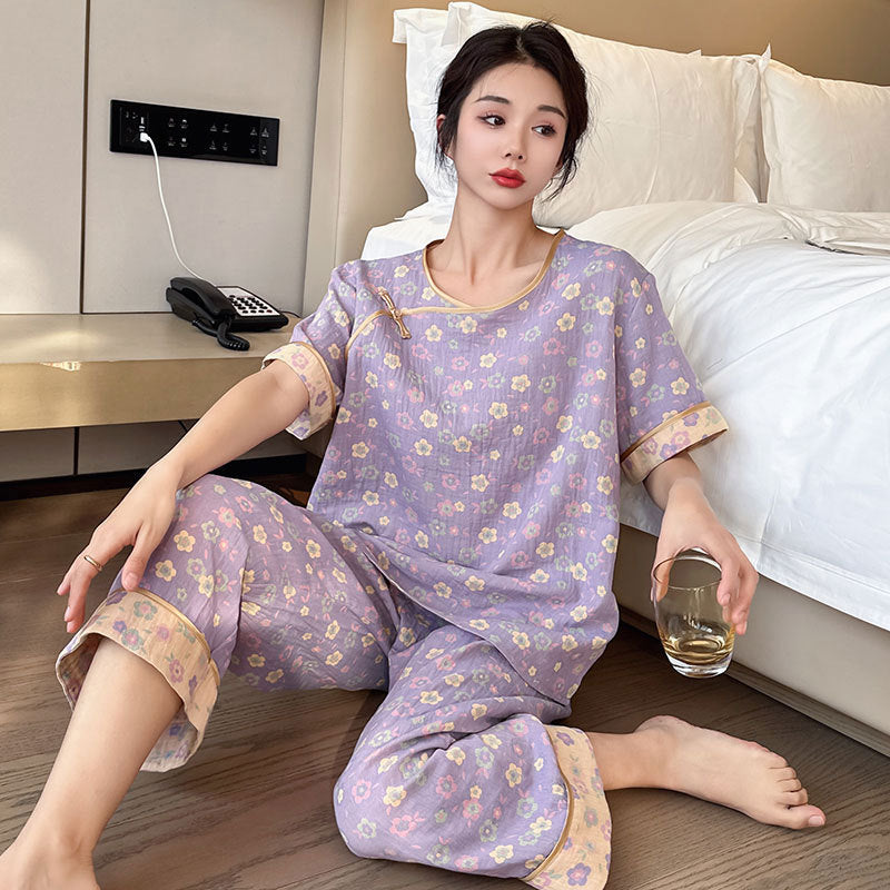 New Chinese Style Retro National Style Cotton Gauze Pajamas Plus Size for Women mm Summer Thin Loose Fit200Pure Cotton Homewear