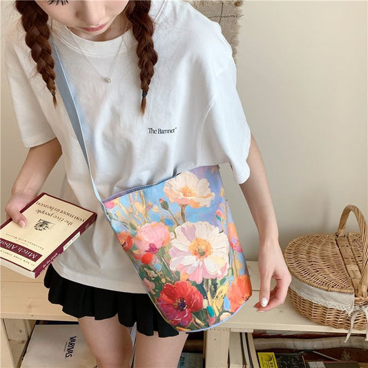 New2025Floral Oil Painting Niche Large Capacity Versatile Commuter Bucket High-end Bag Women's Shoulder Bag Hot Item