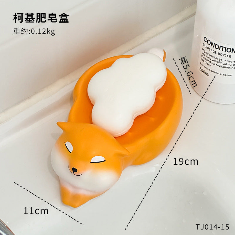 New Cute Corgi Soap Dish for Bathroom, Water Draining Soap Holder, No Drilling Required, Sink Soap Tray Storage