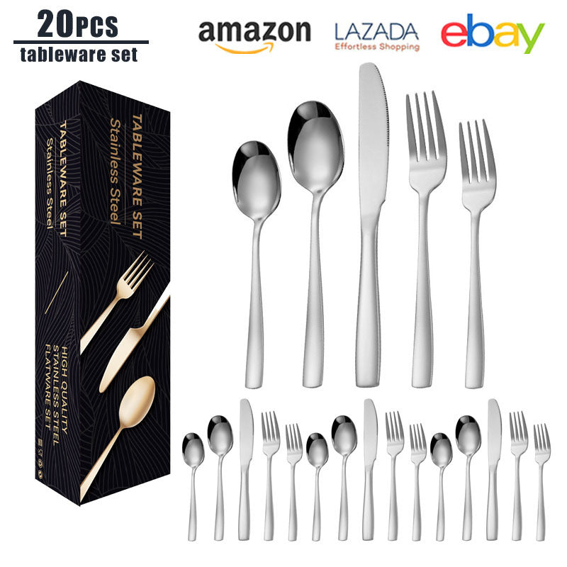 tatableware set Square Handle Stainless Steel Knife Fork Spoon Mail Order Box Color Box Set Titanium Coated Western Steak Knife Fork