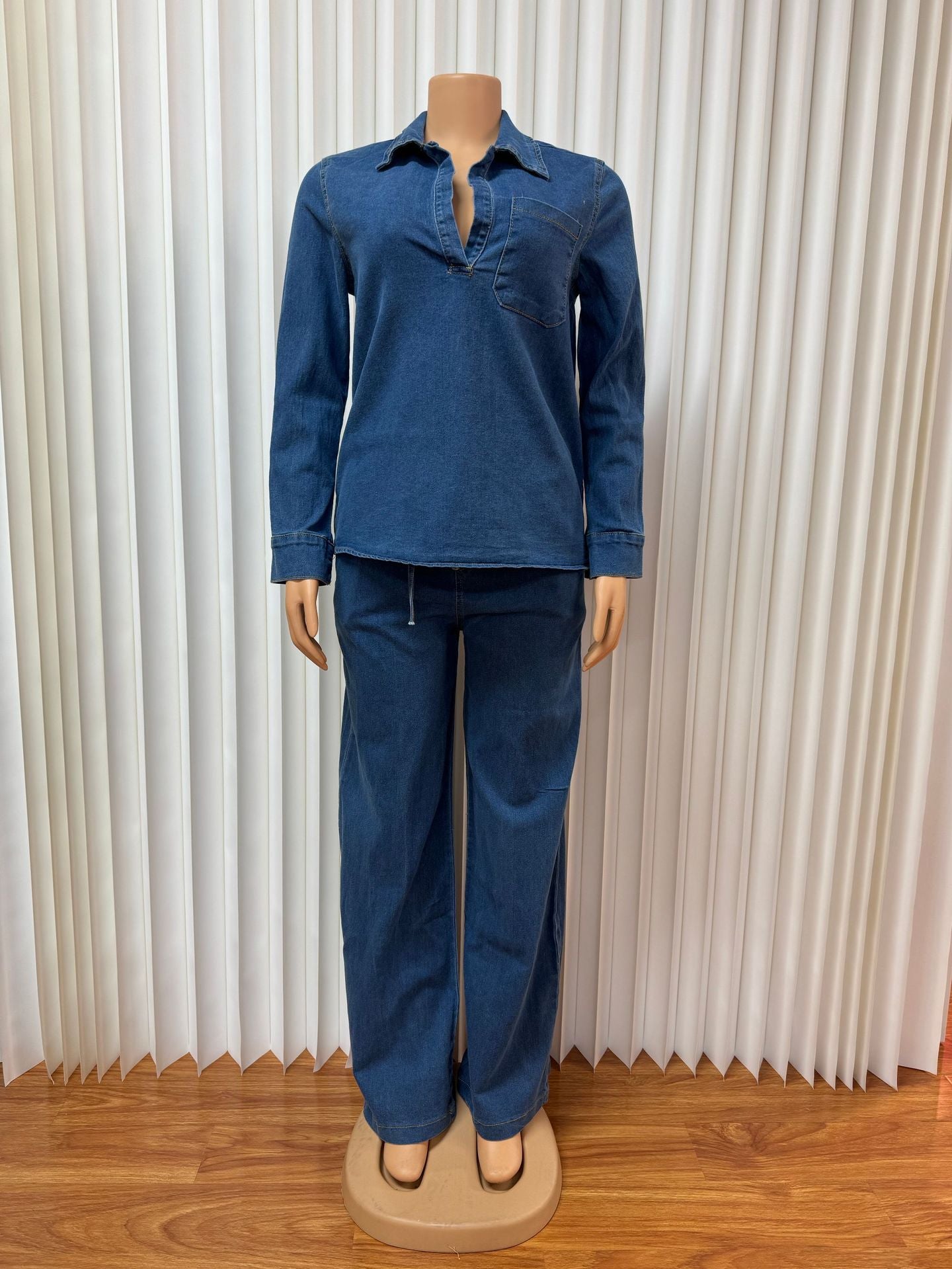 Cross-Border European and American New Women's Denim Suit Long Sleeve Lapel Pocket Top Lace-up Straight-leg Pants Two-piece Set