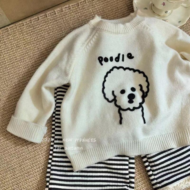 Sweet Little Girl Autumn Sweater Pants Set Cartoon Top with Striped Long Pants Two-Piece Korean Style Children's Clothing