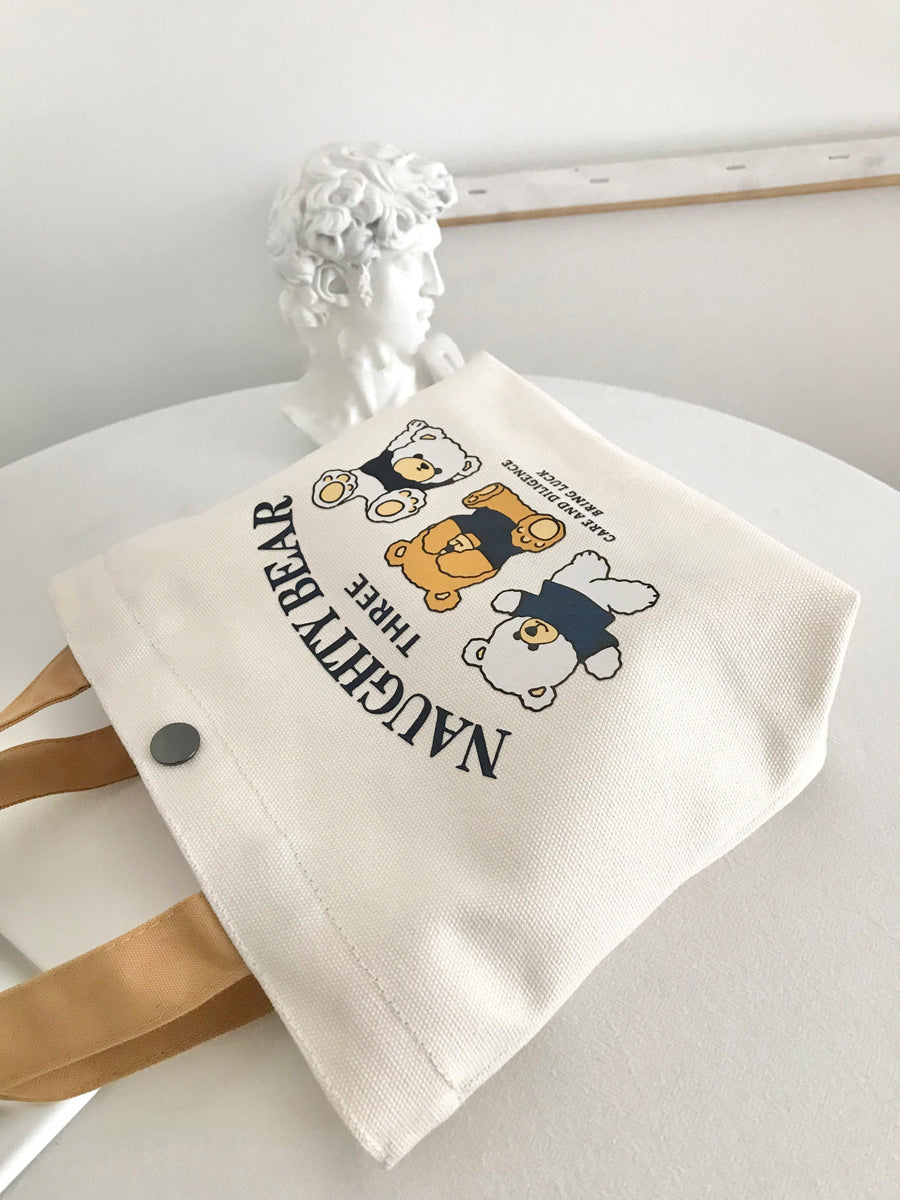 New Bear Canvas Bag for Female Students, Portable Small Handheld Lunch Bag, Tote Bag, Canvas Pouch, Gift Bag