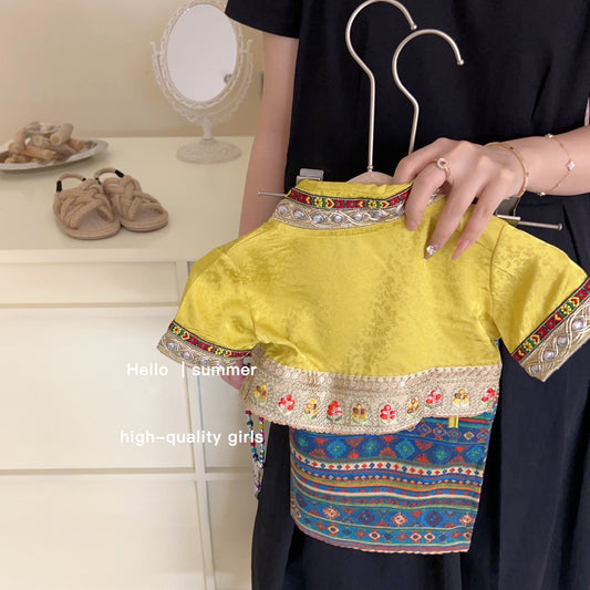 Girls25Summer Retro Dai Ethnic Style Set for Girls with Printed Skirt and Short Sleeve Tie Top Set