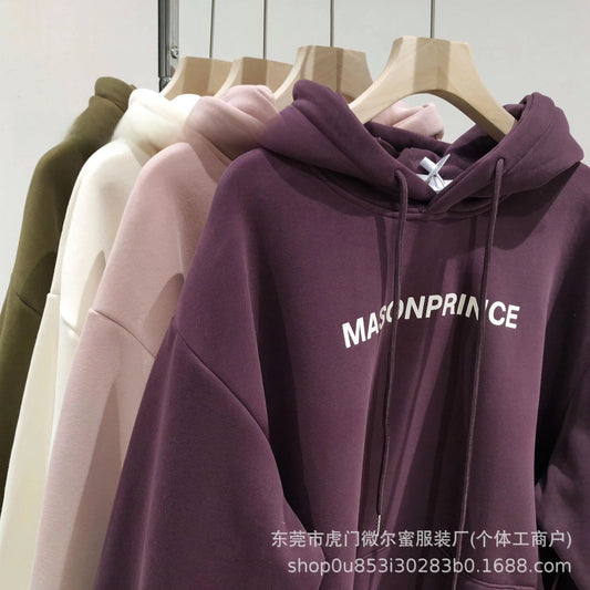 American Style Fleece-Lined Thickened Autumn Winter New Hooded Sweatshirt for Women Korean Version Plus Size Loose Coat Student Couple Outfit