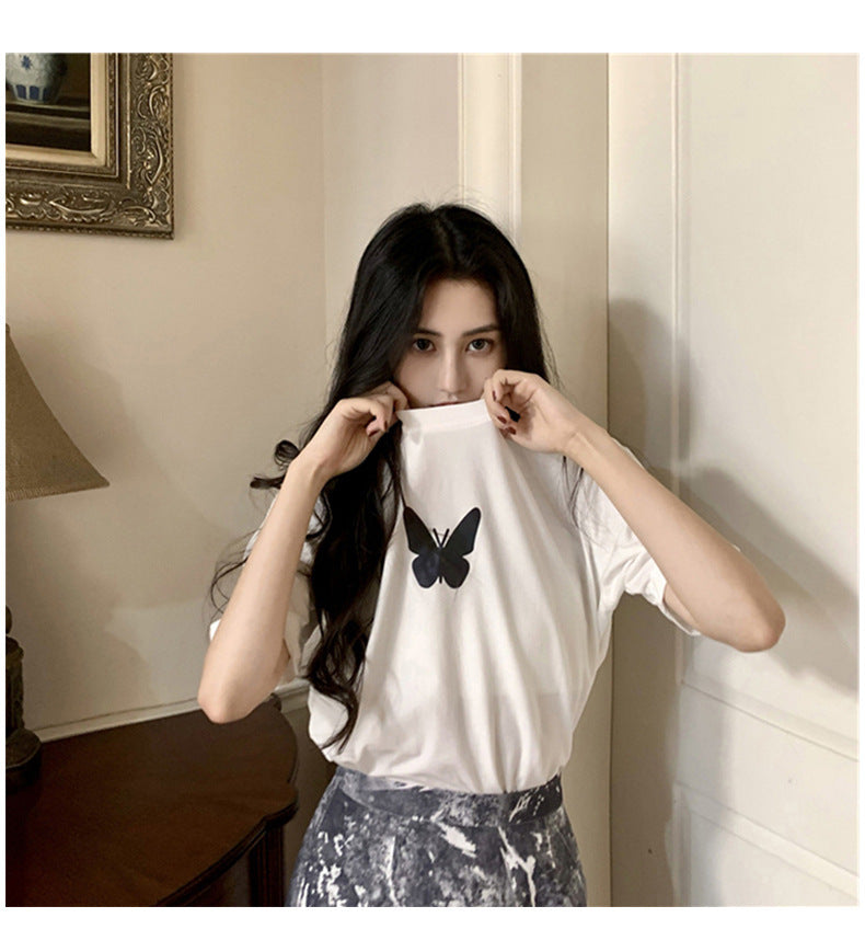 Summer2025New Year's Trendy Internet Celebrity Couple Outfit Reflective Butterfly Short Sleeve t Women's Summer T-shirt ins Super Popular Short Top