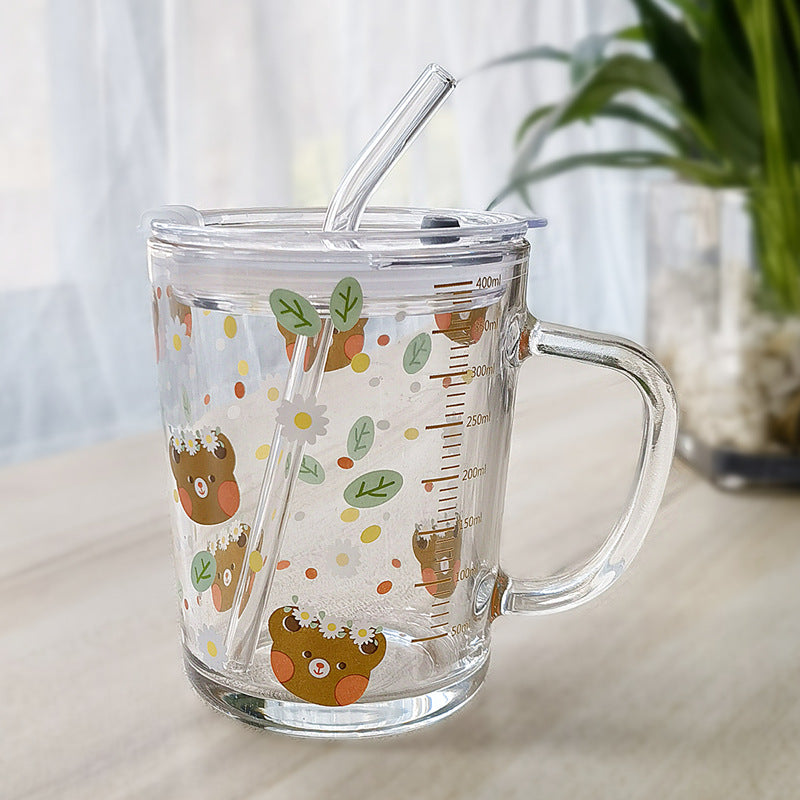 ins Glass Cup with Straw Milk Breakfast Cup Cute Cartoon Graduated Cup with Lid Spoon Gift Customization logo
