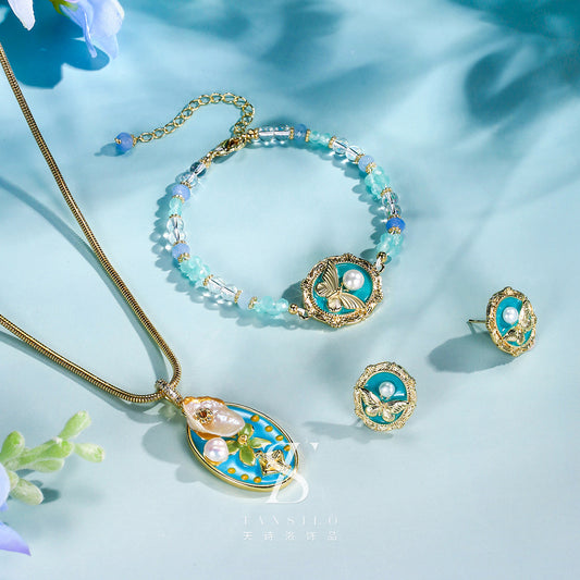 New Tinefu Blue Pearl Necklace Natural Baroque Pearl Butterfly Bracelet14k Gold-plated Earrings Jewelry Set