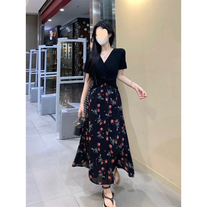 Plus Size Women's Tea Break French Style Dress Summer Hepburn Style Fake Two-Piece Floral Dress Slimming Waist Dress