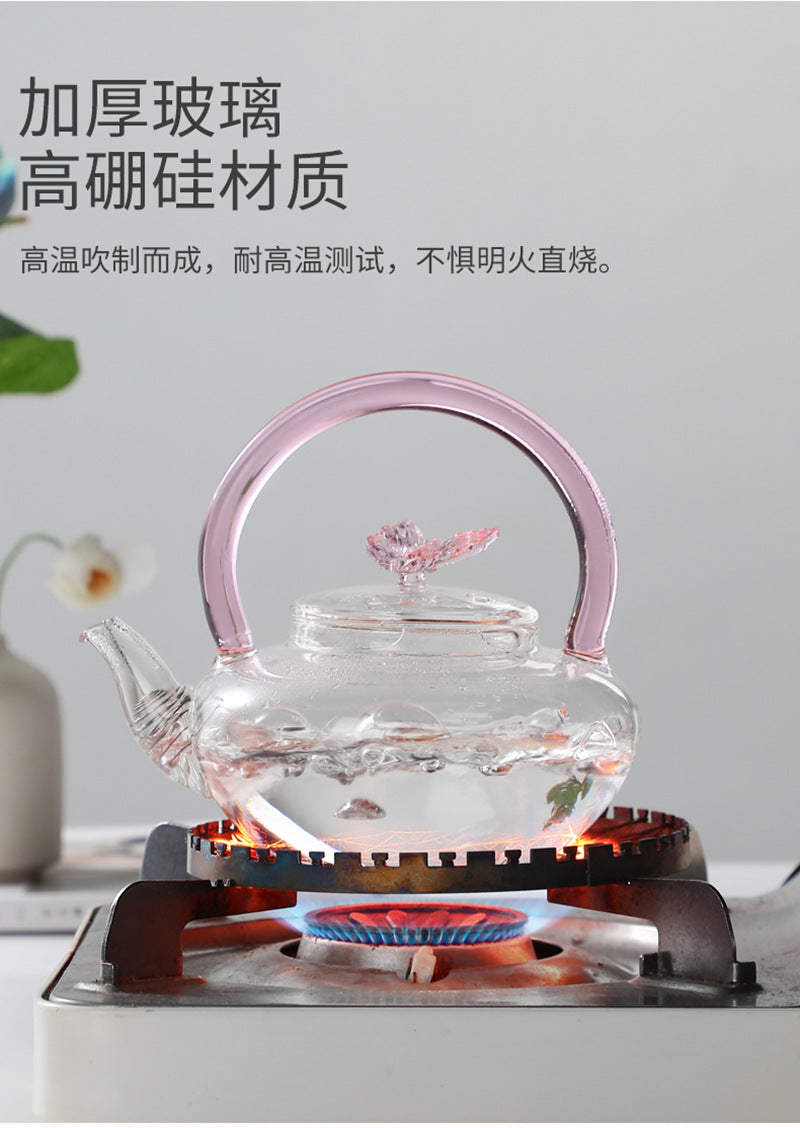 Teapot with Pink Handle Butterfly Teapot High Borosilicate Heat-Resistant Glass Teapot Electric Ceramic Stove Special Tea Brewing Teapot Flower Tea Teapot
