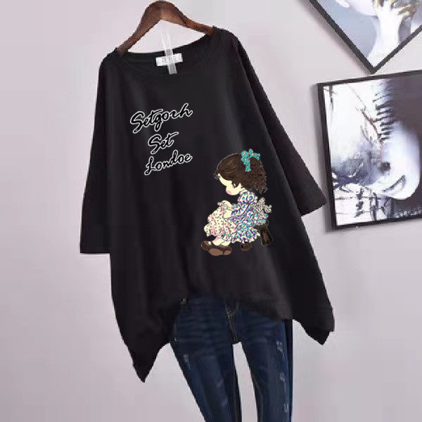 200Plus Size Women's Summer Leaf Print Casual Split Mid-Length Short Sleeve Dress T Women's Loose Fit Plus Size Shirt