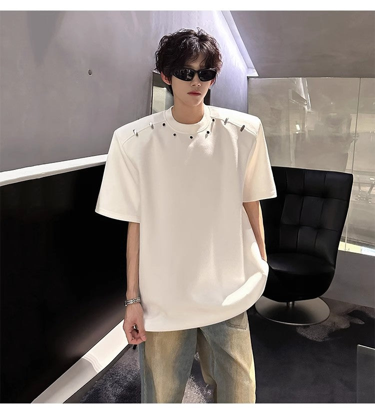 2025High-end Stylish Padded Shoulder Short Sleeve T Men's Summer Shirt with Unique Metal Decoration Design Heavyweight Top t T-shirt