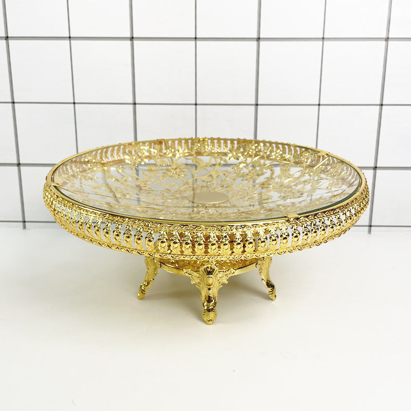 In Stock European Style Glass Gold-Plated Dessert Tray Wedding Decoration Fruit Plate Events Cake Serving Tray