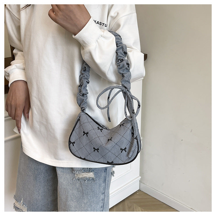 Sweet Bow Plaid Single Shoulder Underarm Crescent Bag2024Autumn new simple casual large capacity handbag