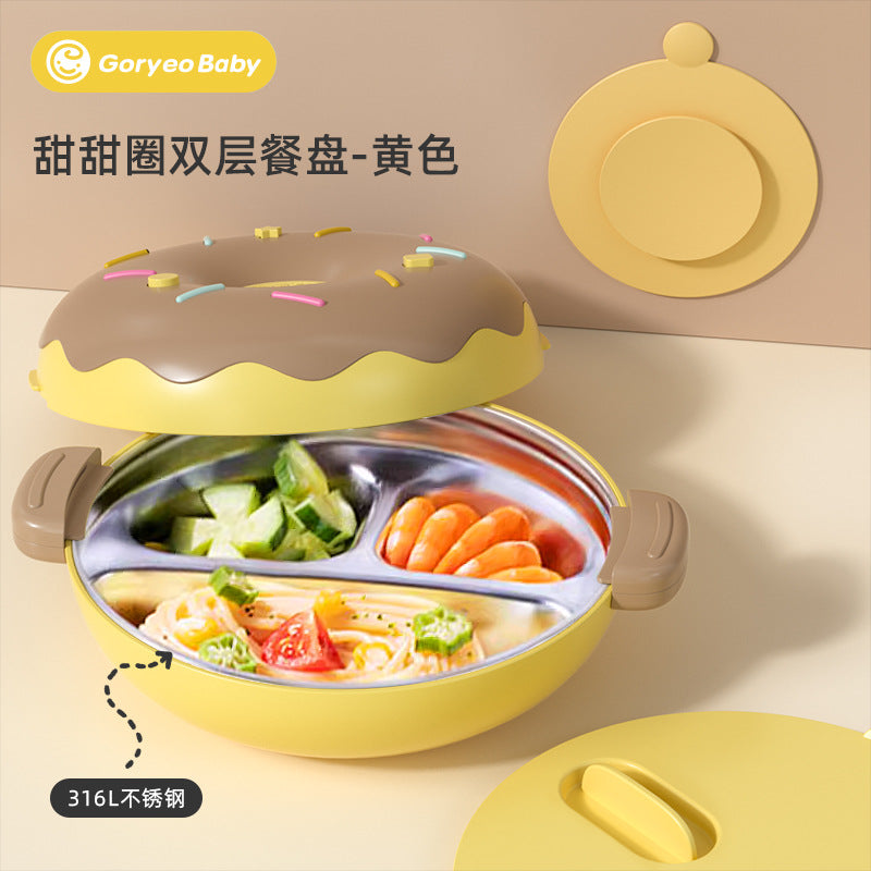 goryeobaby Children's Stainless Steel Plate Baby Suction Bowl Water-Insulated Bowl Baby Divided Plate Baby Food Utensils