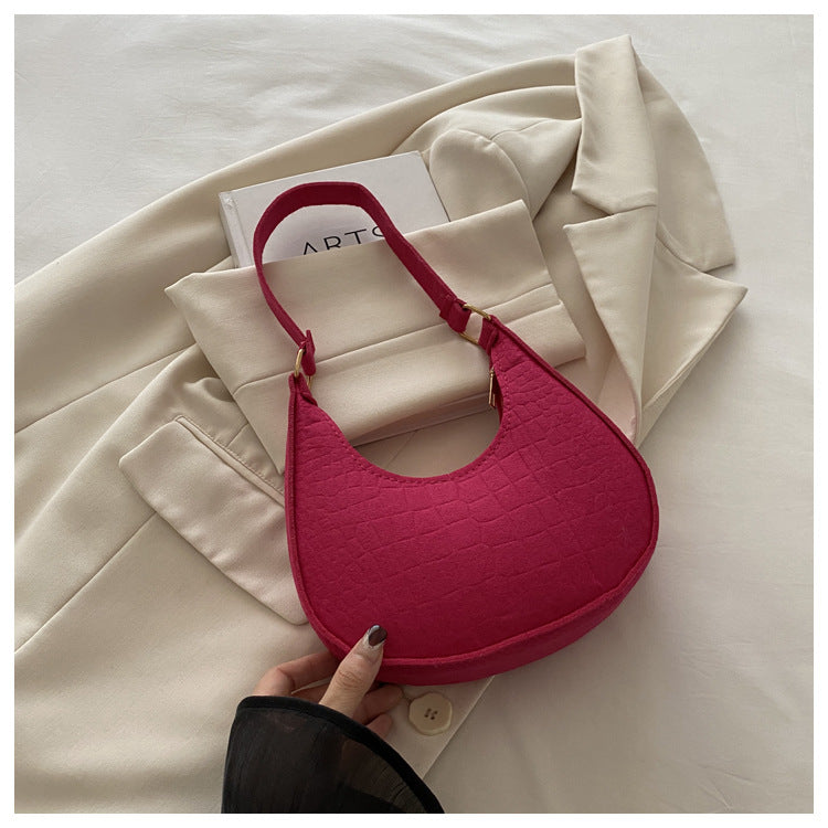 Solid Color Elegant Women's Bag2024Trendy Korean Style Autumn Winter New Stone Pattern Underarm Bag Casual Shoulder Handbag