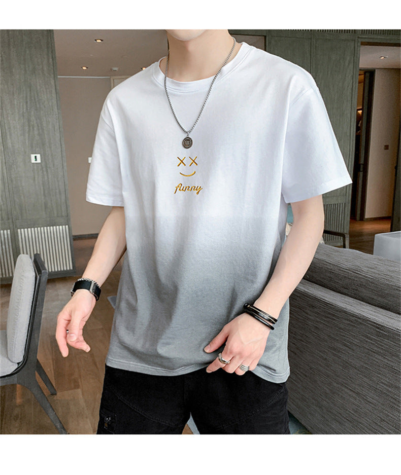 Leisure t Trendy Slim Fit T-Shirt Round Neck Gradient Print Short Sleeve Top T Men's Trendy Versatile Shirt ins Wind