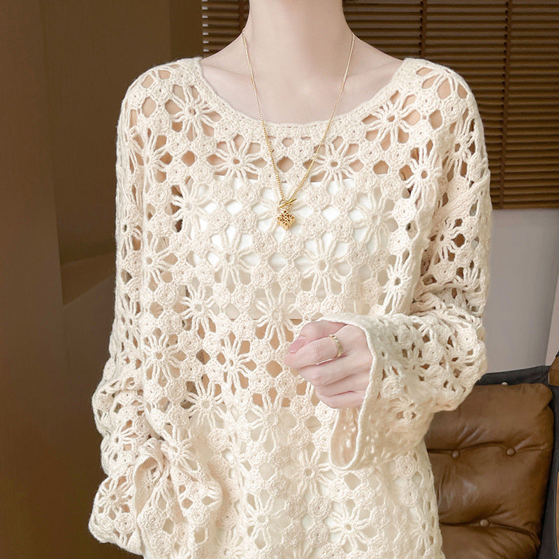 Early Autumn New Chinese Style Heavy Crochet Hollow Knit Sweater for Women100Commuting Autumn Lazy Style Sweater Cardigan