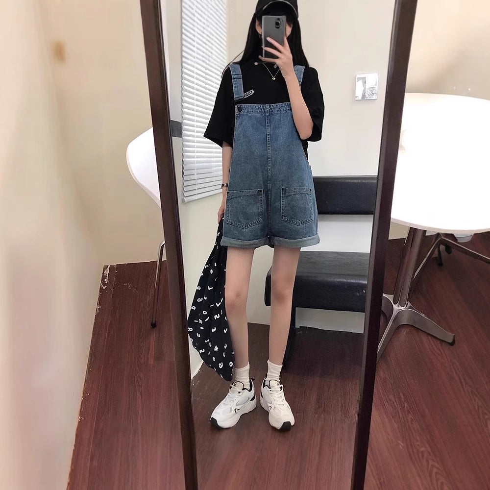 Women's Denim Overalls Summer Thin Loose Slimming Straight Strap Jumpsuit Denim Overalls Shorts