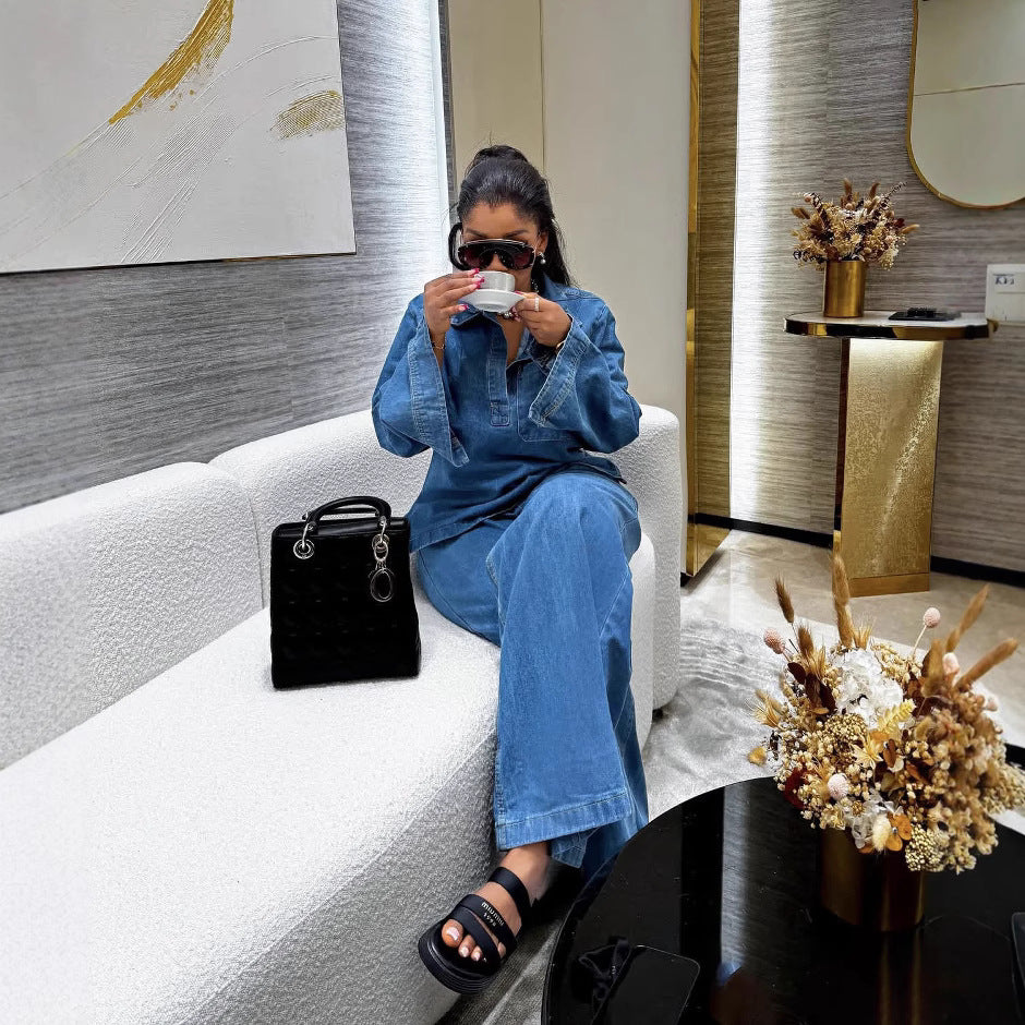 Cross-Border European and American New Women's Denim Suit Long Sleeve Lapel Pocket Top Lace-up Straight-leg Pants Two-piece Set