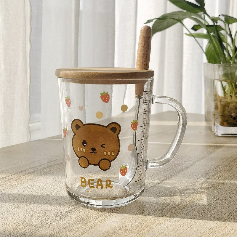 ins Glass Cup with Straw Milk Breakfast Cup Cute Cartoon Graduated Cup with Lid Spoon Gift Customization logo