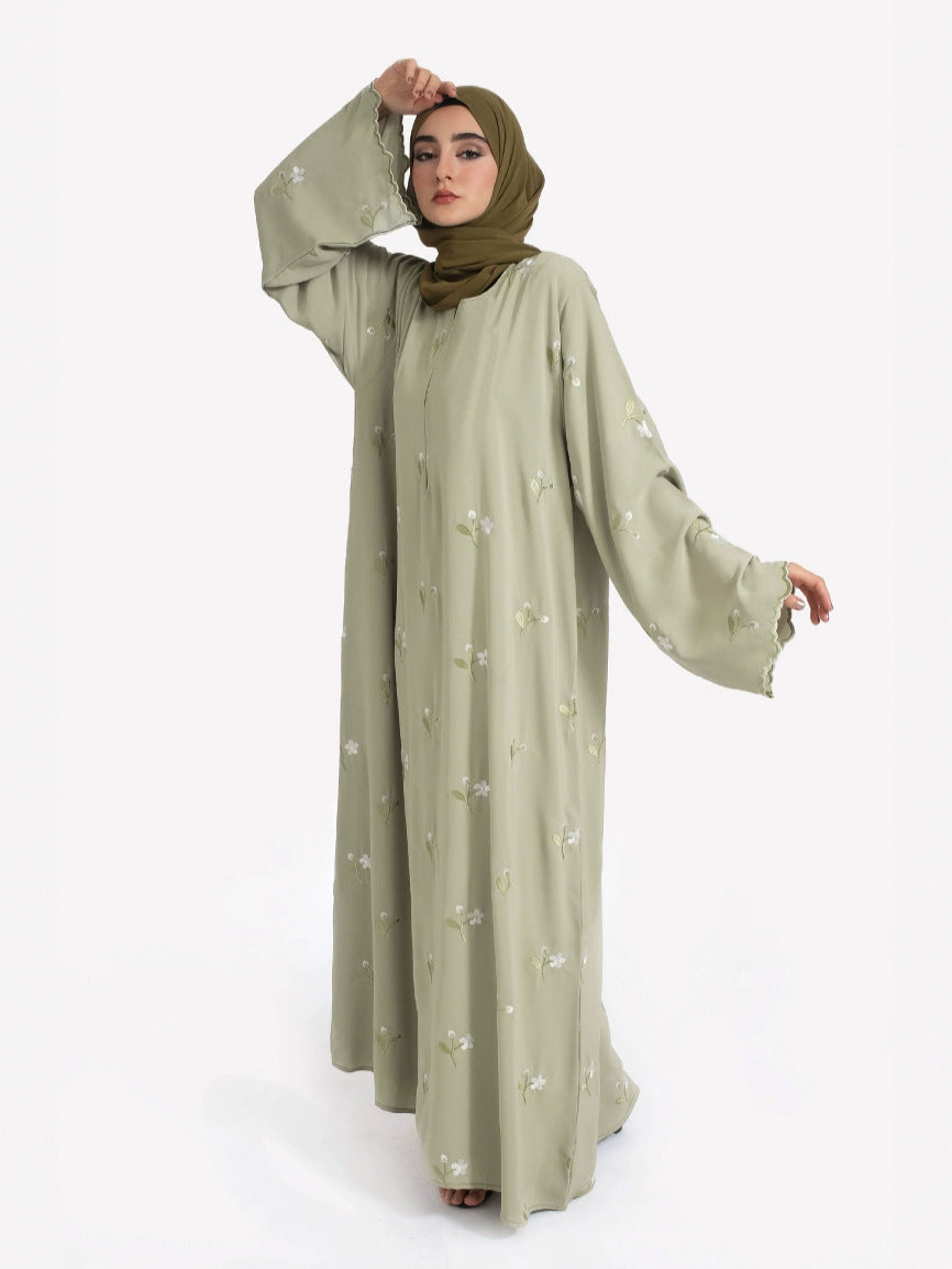 AliExpress Cross-Border New Muslim Middle Eastern Arabic Green Floral Embroidered Fashion Elegant Dress Robe