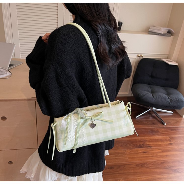 Dopamine Plaid Handbag Small Tote Bag for Women Summer2025New Ballet Style Bow Baguette Bag Underarm Bag Trendy