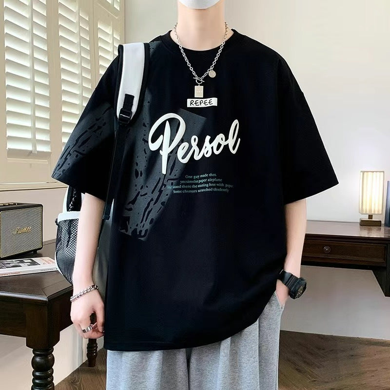 2025Summer New Men's Youth Casual Stylish Trendy Loose Short Sleeve T Shirt Gradient Color for Middle and High School Students